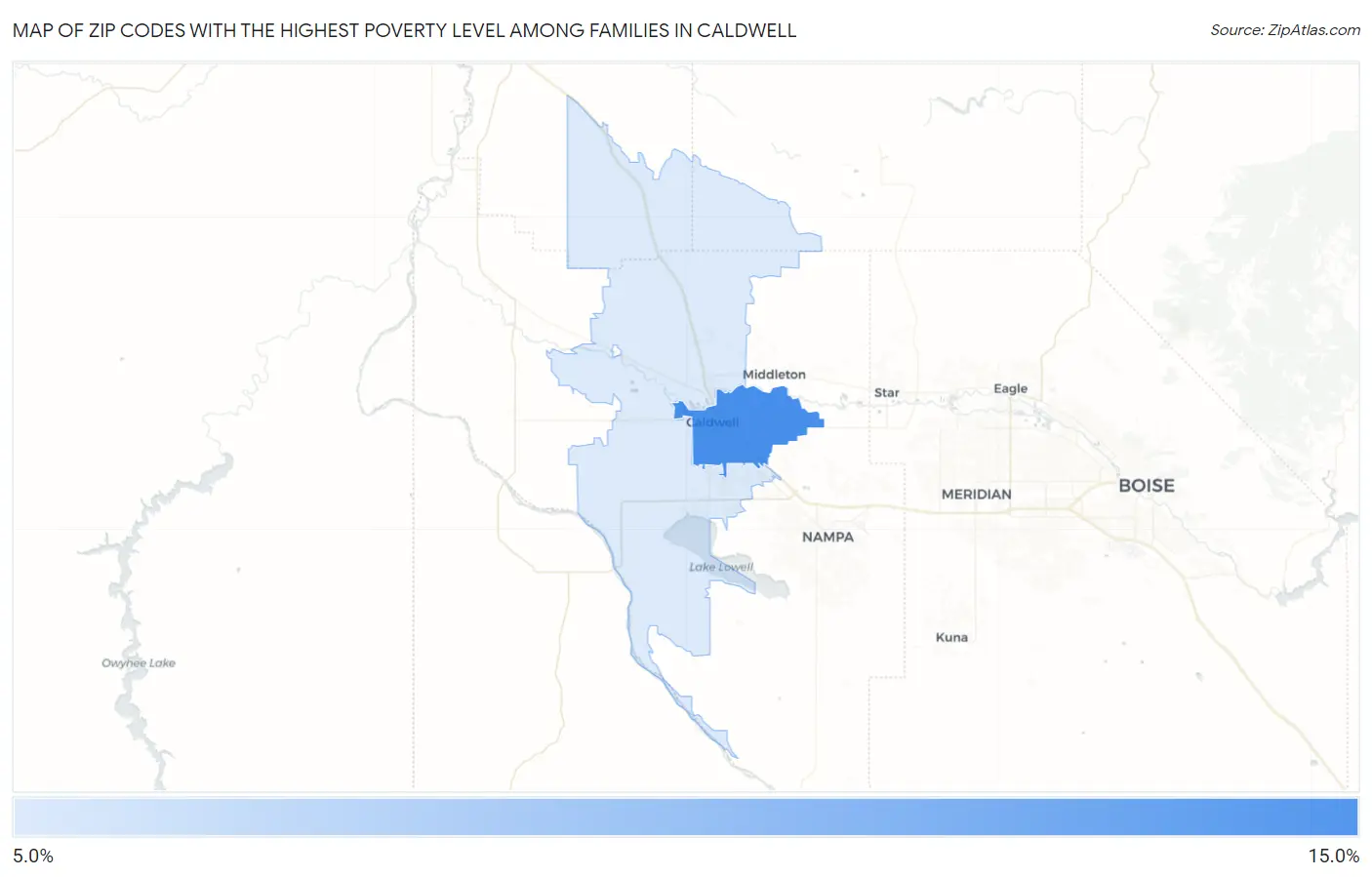 Zip Codes with the Highest Poverty Level Among Families in Caldwell Map