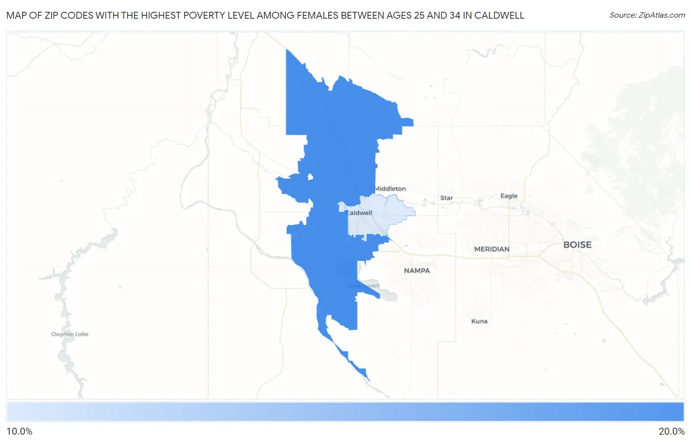 Zip Codes with the Highest Poverty Level Among Females Between Ages 25 and 34 in Caldwell Map
