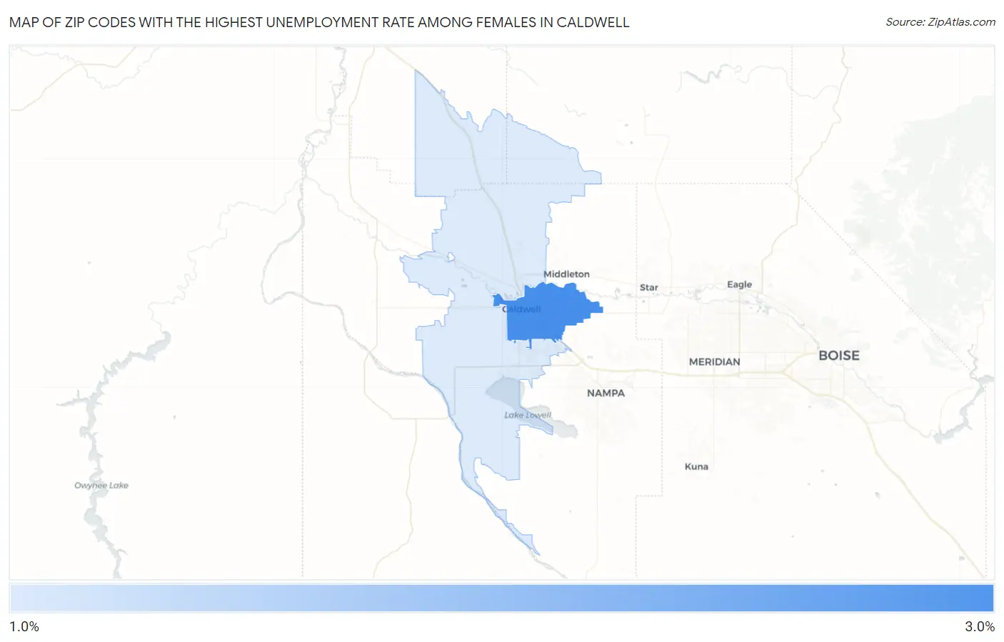 Zip Codes with the Highest Unemployment Rate Among Females in Caldwell Map