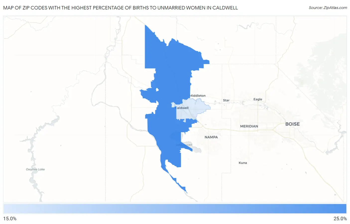 Zip Codes with the Highest Percentage of Births to Unmarried Women in Caldwell Map