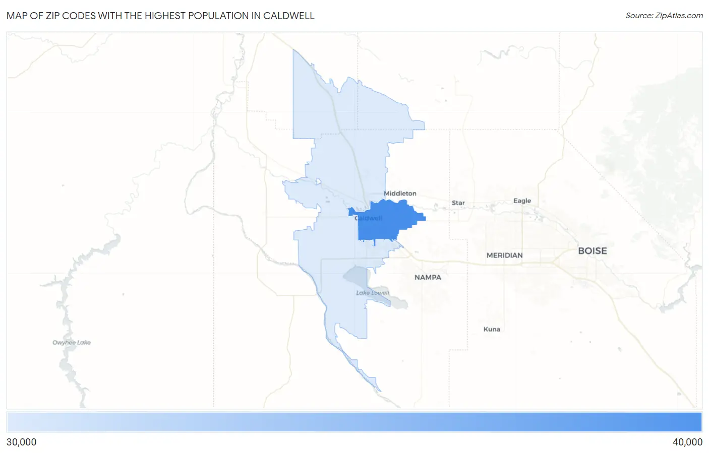 Zip Codes with the Highest Population in Caldwell Map