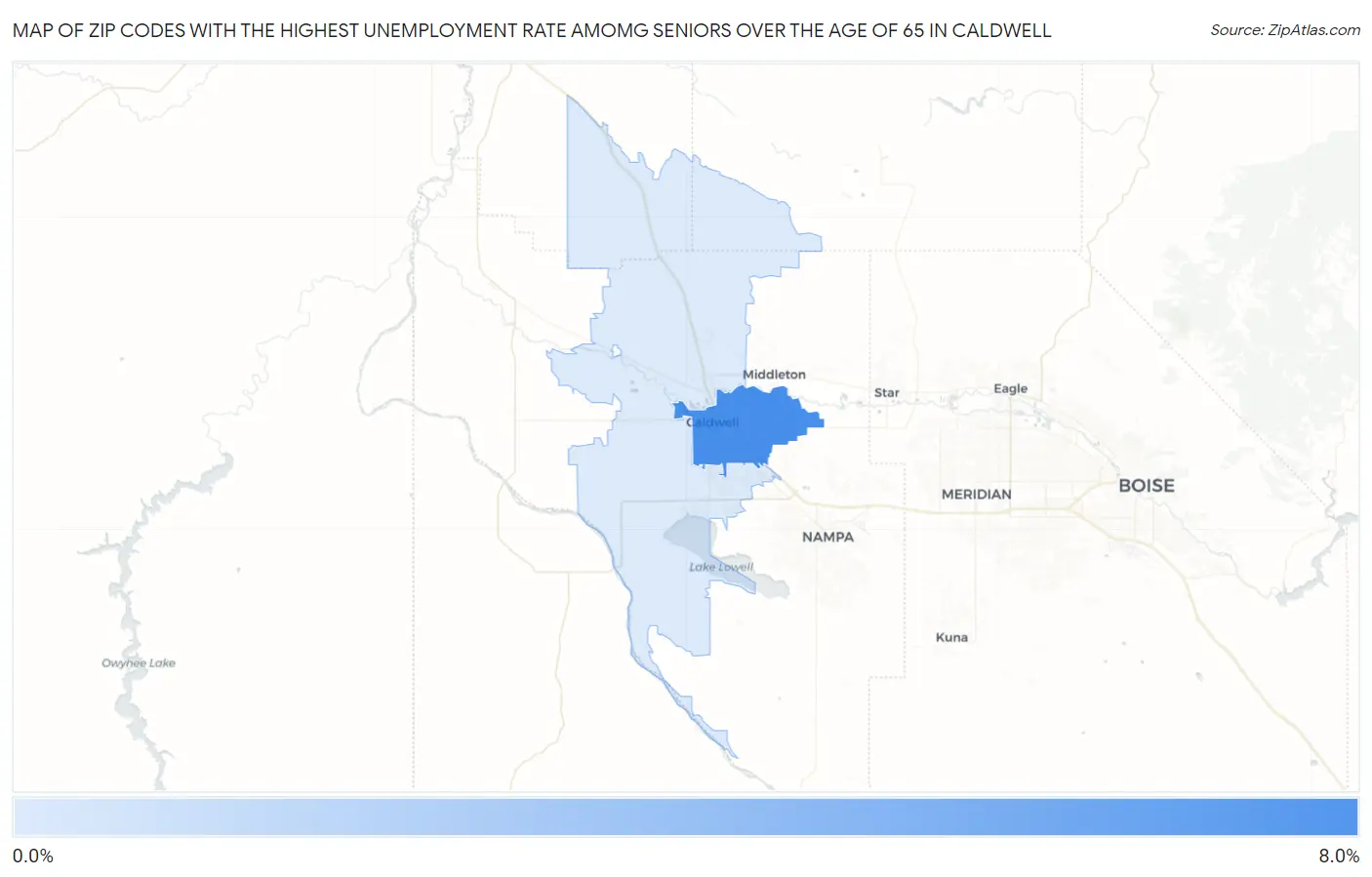 Zip Codes with the Highest Unemployment Rate Amomg Seniors Over the Age of 65 in Caldwell Map