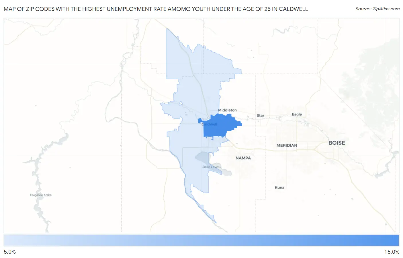 Zip Codes with the Highest Unemployment Rate Amomg Youth Under the Age of 25 in Caldwell Map