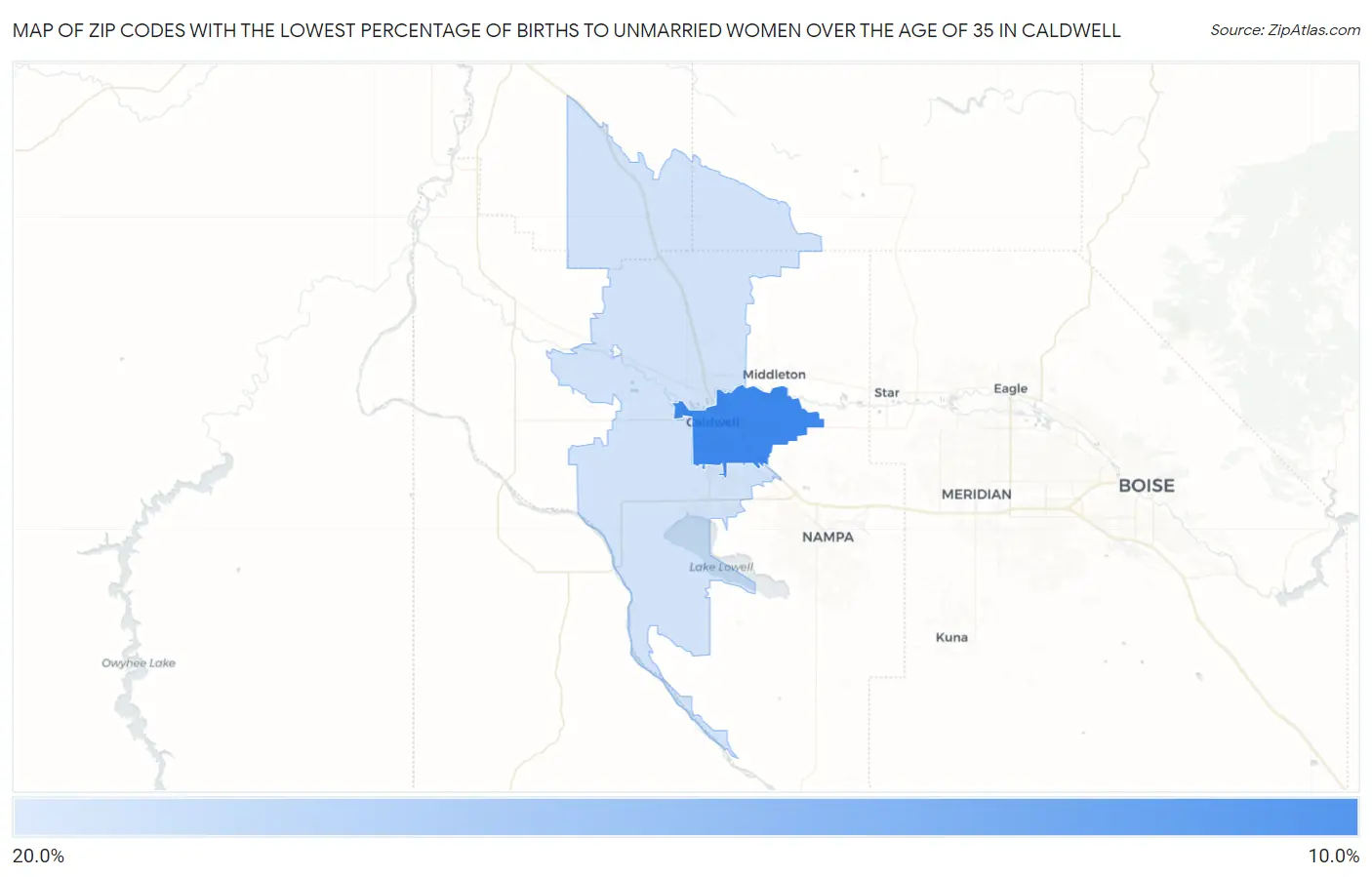 Zip Codes with the Lowest Percentage of Births to Unmarried Women over the Age of 35 in Caldwell Map