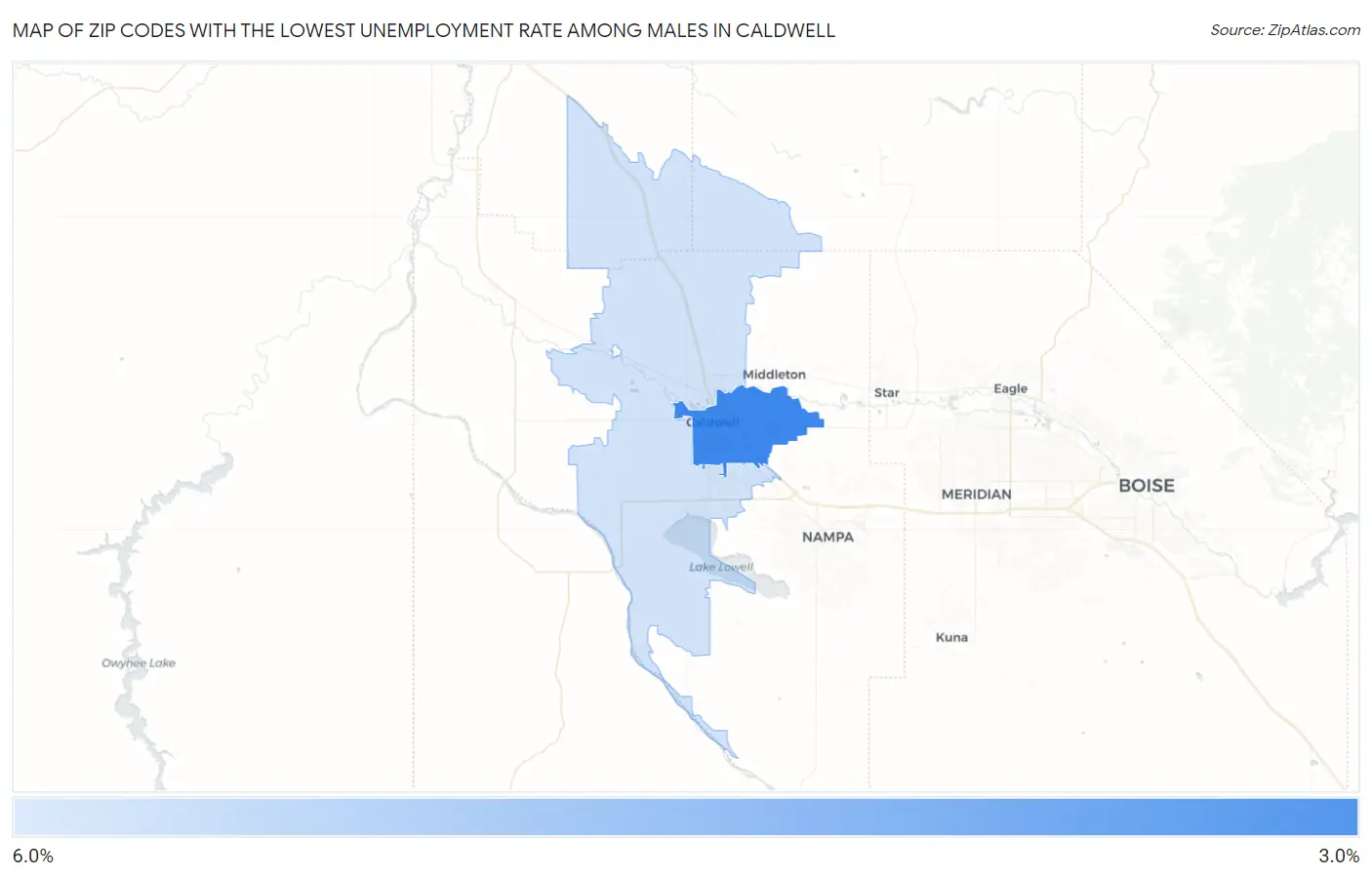 Zip Codes with the Lowest Unemployment Rate Among Males in Caldwell Map