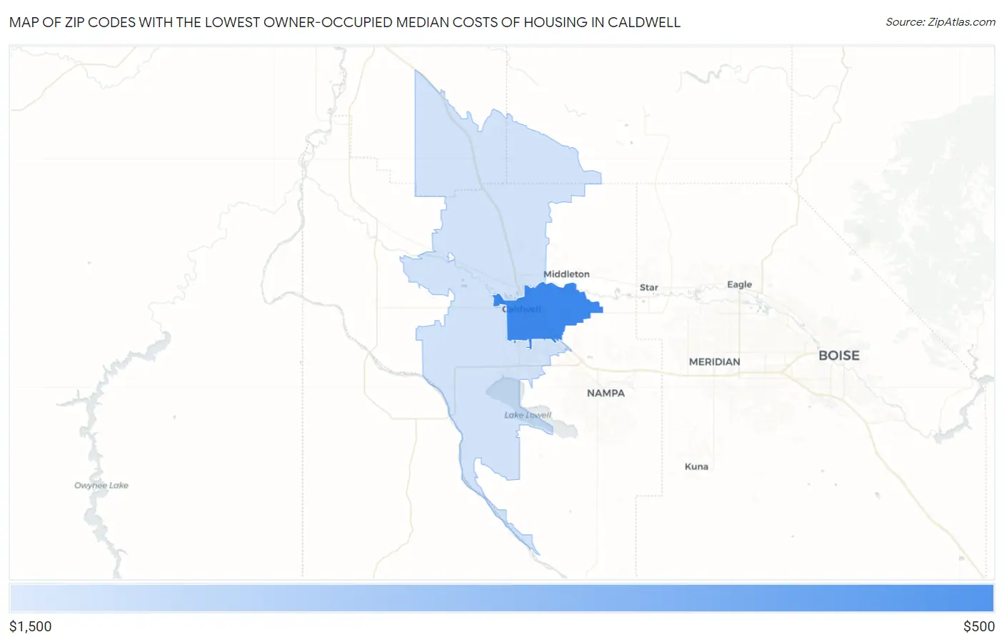Zip Codes with the Lowest Owner-Occupied Median Costs of Housing in Caldwell Map