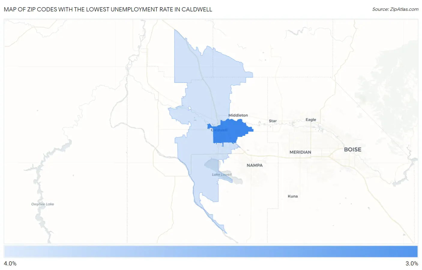 Zip Codes with the Lowest Unemployment Rate in Caldwell Map
