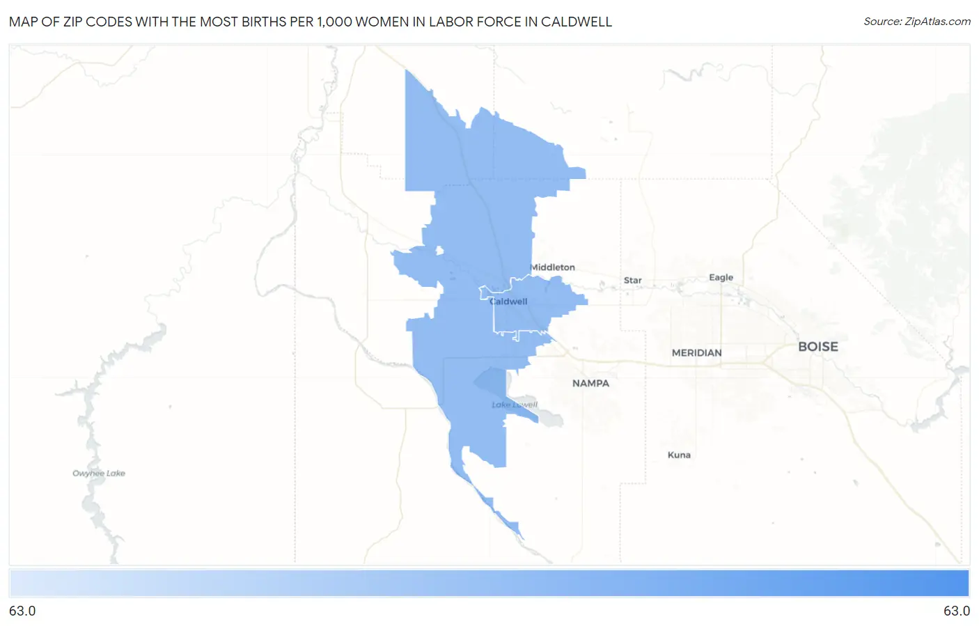 Zip Codes with the Most Births per 1,000 Women in Labor Force in Caldwell Map