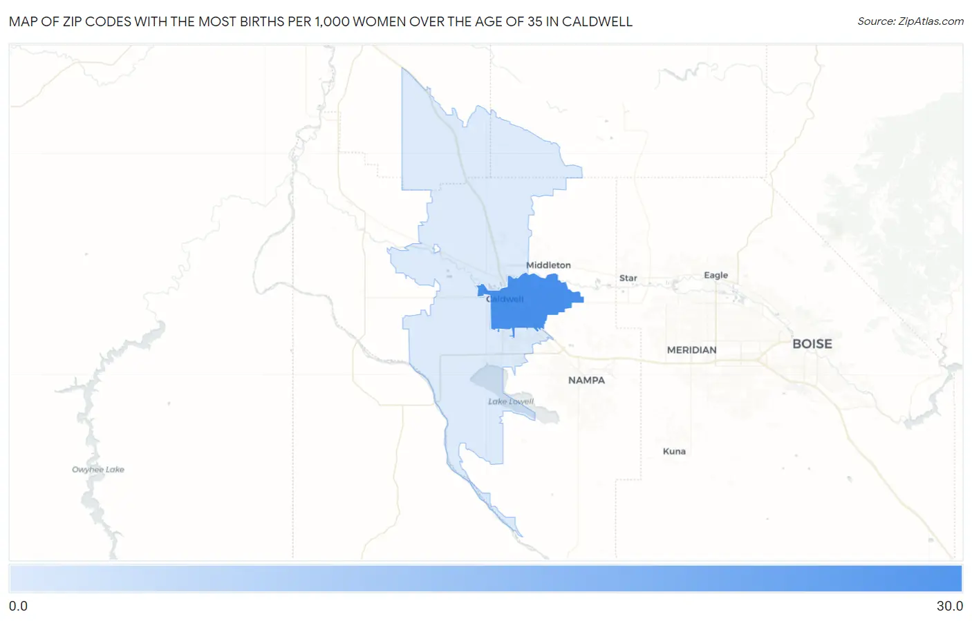 Zip Codes with the Most Births per 1,000 Women Over the Age of 35 in Caldwell Map