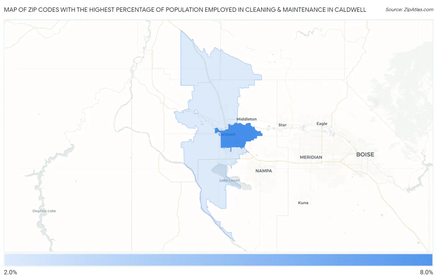 Zip Codes with the Highest Percentage of Population Employed in Cleaning & Maintenance in Caldwell Map