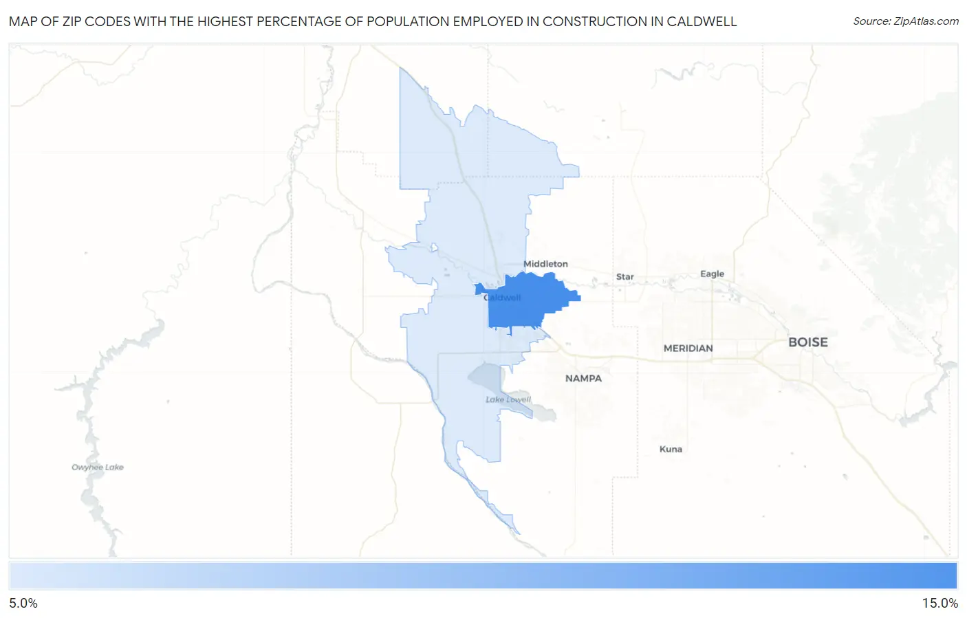 Zip Codes with the Highest Percentage of Population Employed in Construction in Caldwell Map