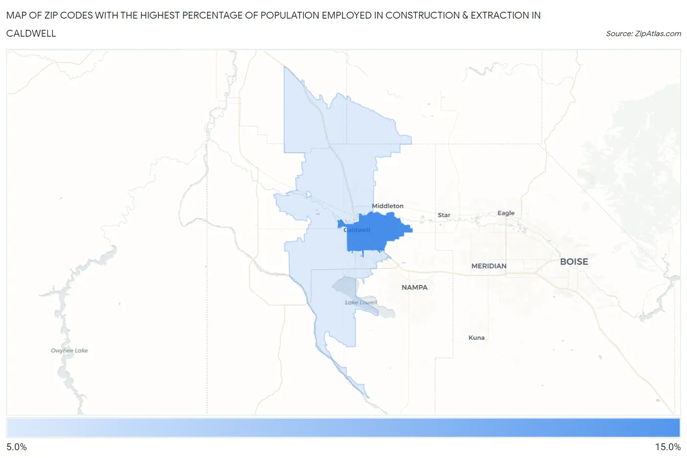 Zip Codes with the Highest Percentage of Population Employed in Construction & Extraction in Caldwell Map