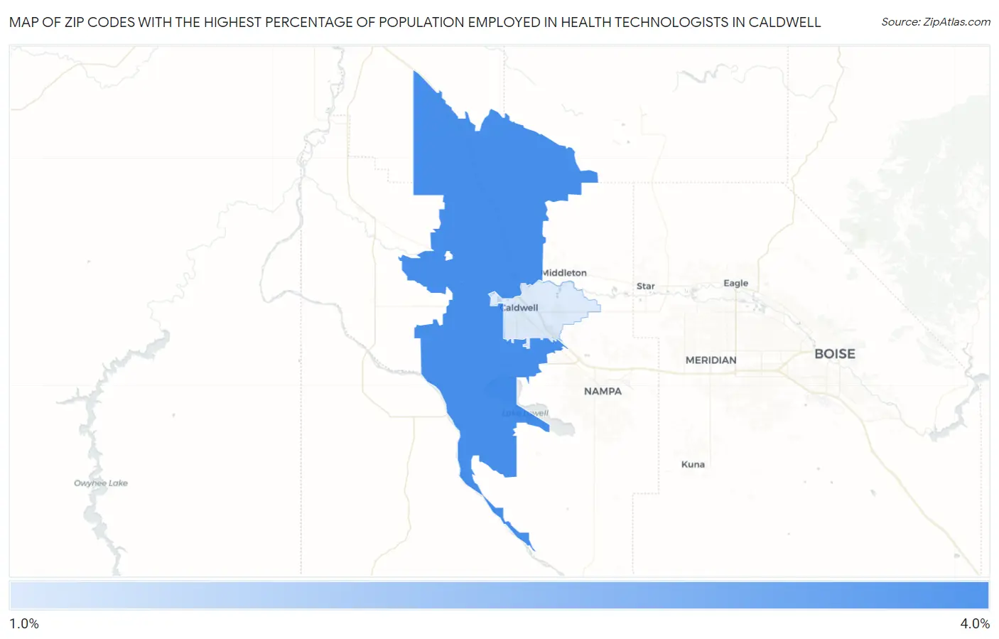 Zip Codes with the Highest Percentage of Population Employed in Health Technologists in Caldwell Map