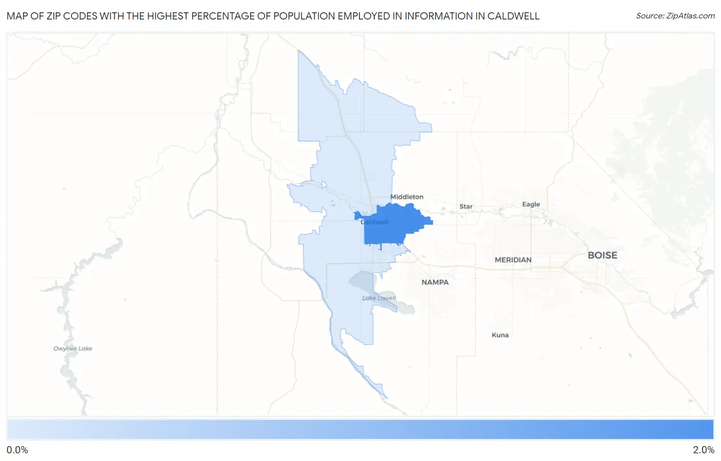 Zip Codes with the Highest Percentage of Population Employed in Information in Caldwell Map