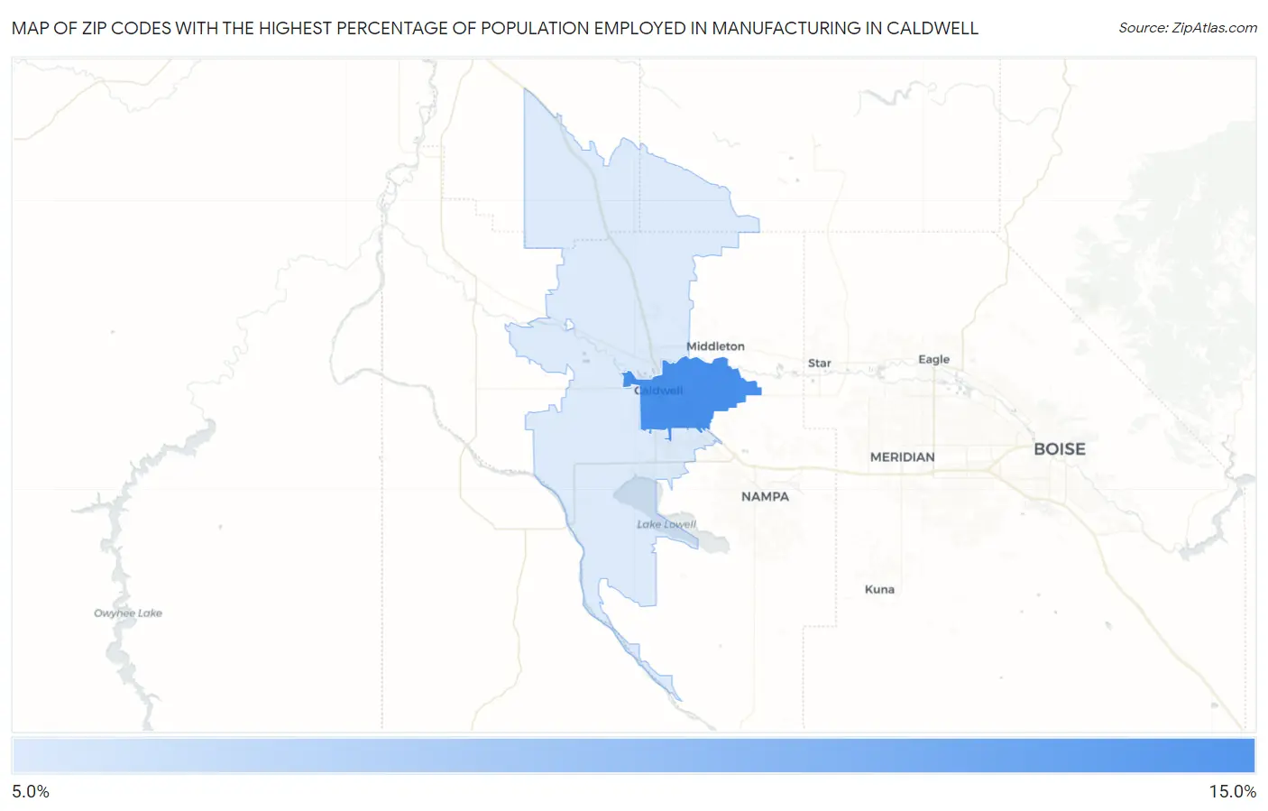 Zip Codes with the Highest Percentage of Population Employed in Manufacturing in Caldwell Map