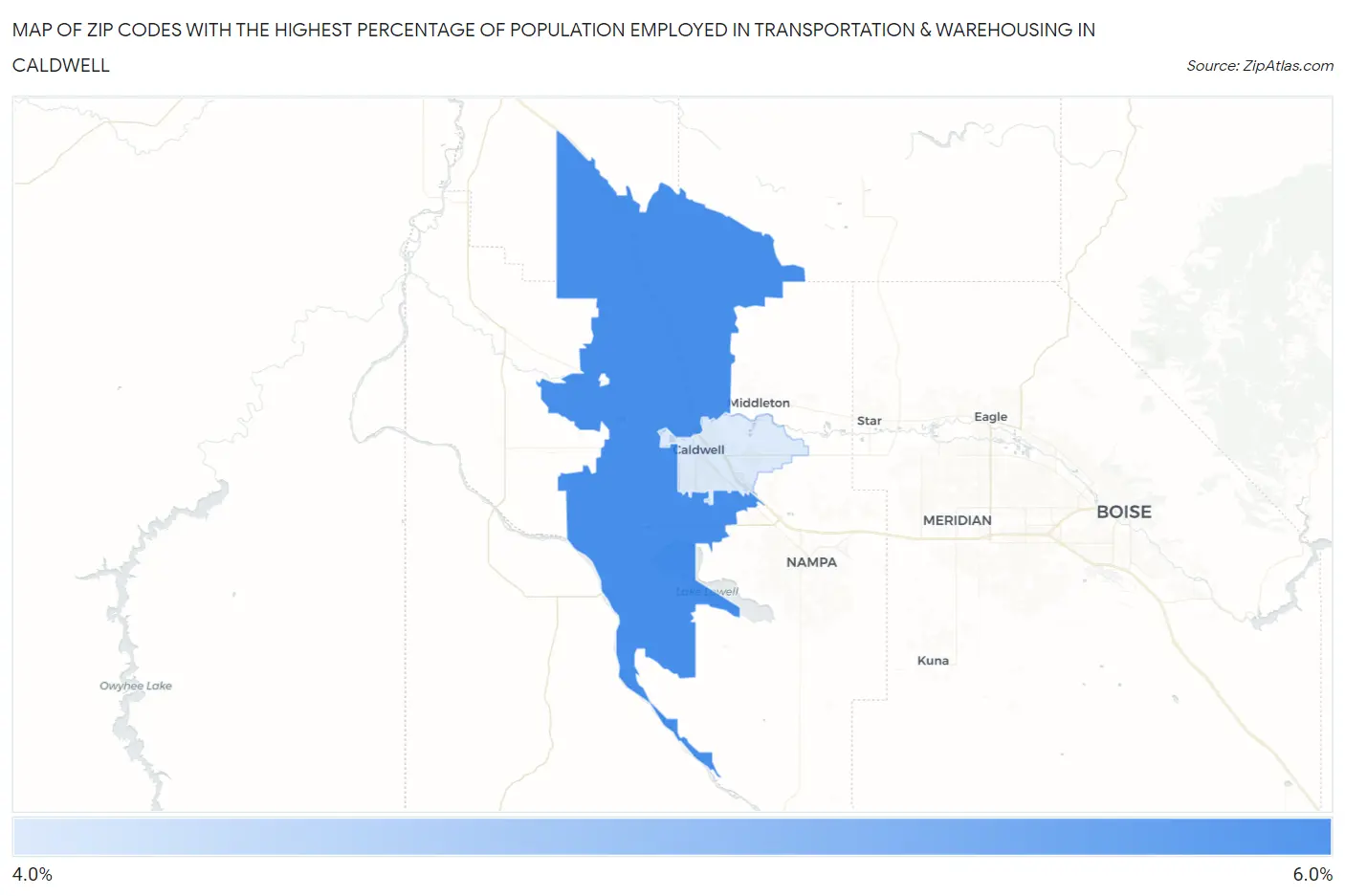 Zip Codes with the Highest Percentage of Population Employed in Transportation & Warehousing in Caldwell Map
