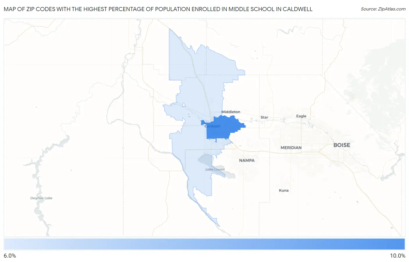 Zip Codes with the Highest Percentage of Population Enrolled in Middle School in Caldwell Map