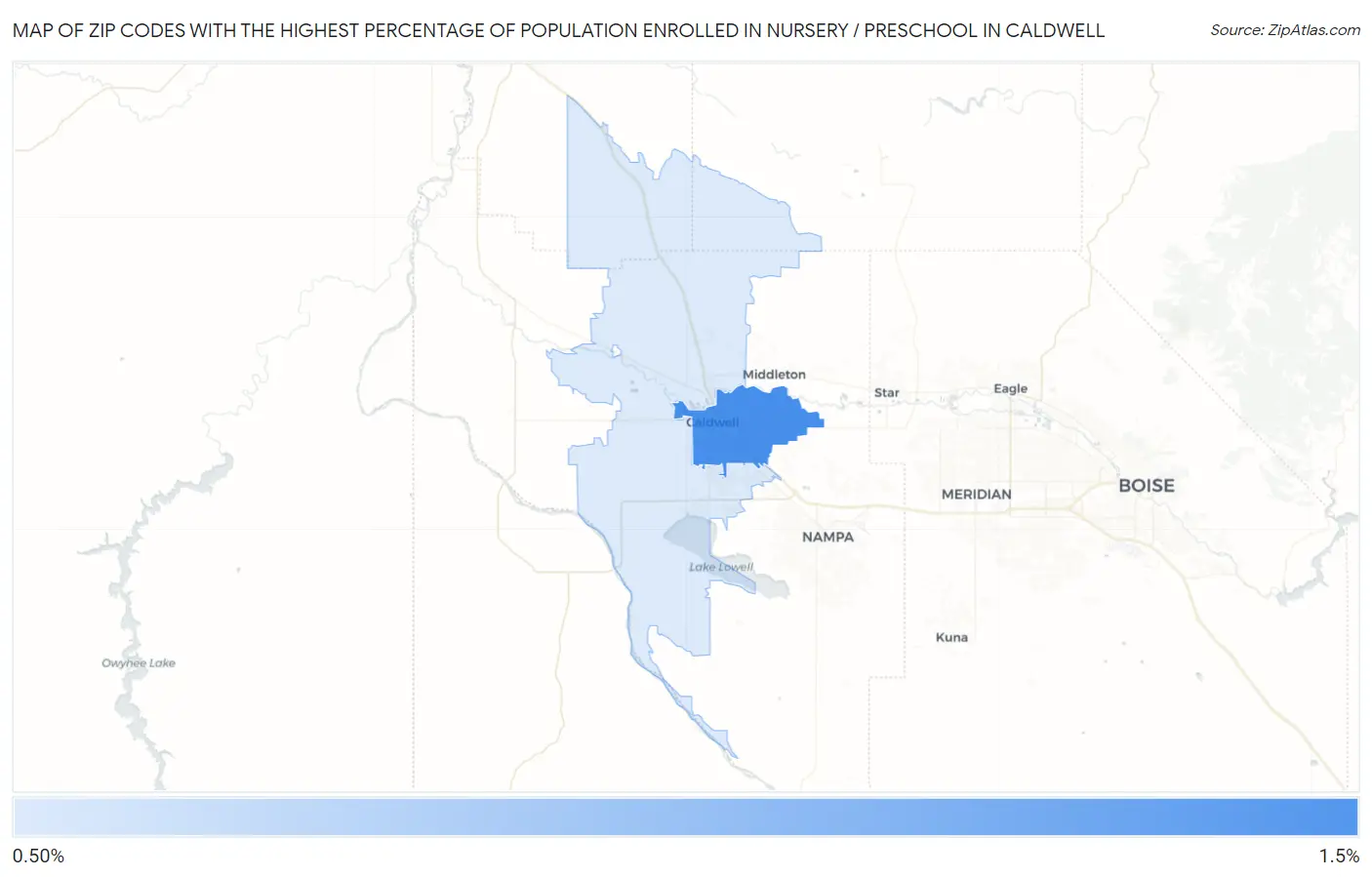 Zip Codes with the Highest Percentage of Population Enrolled in Nursery / Preschool in Caldwell Map