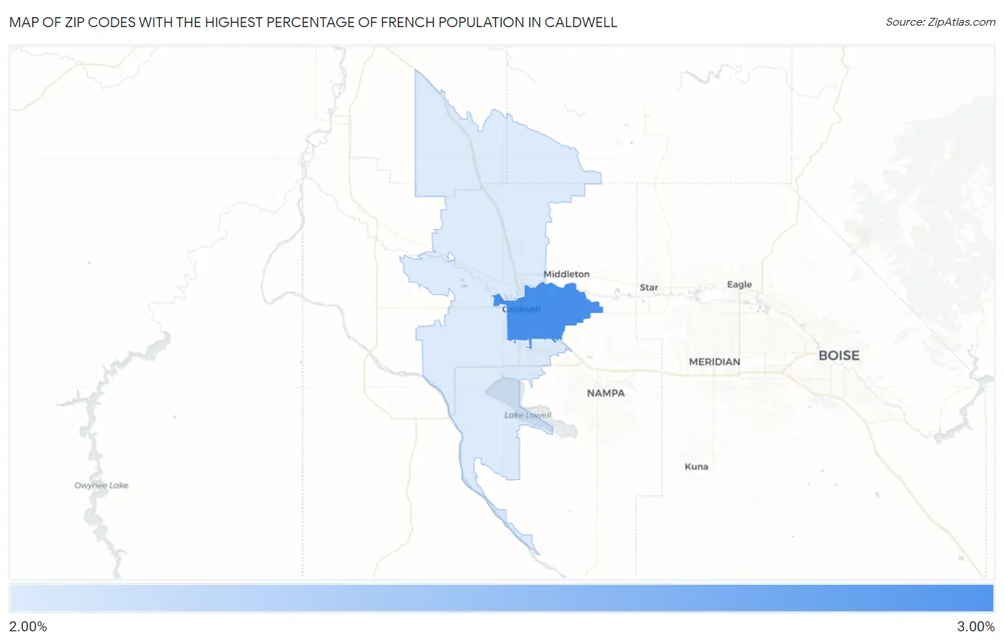 Zip Codes with the Highest Percentage of French Population in Caldwell Map