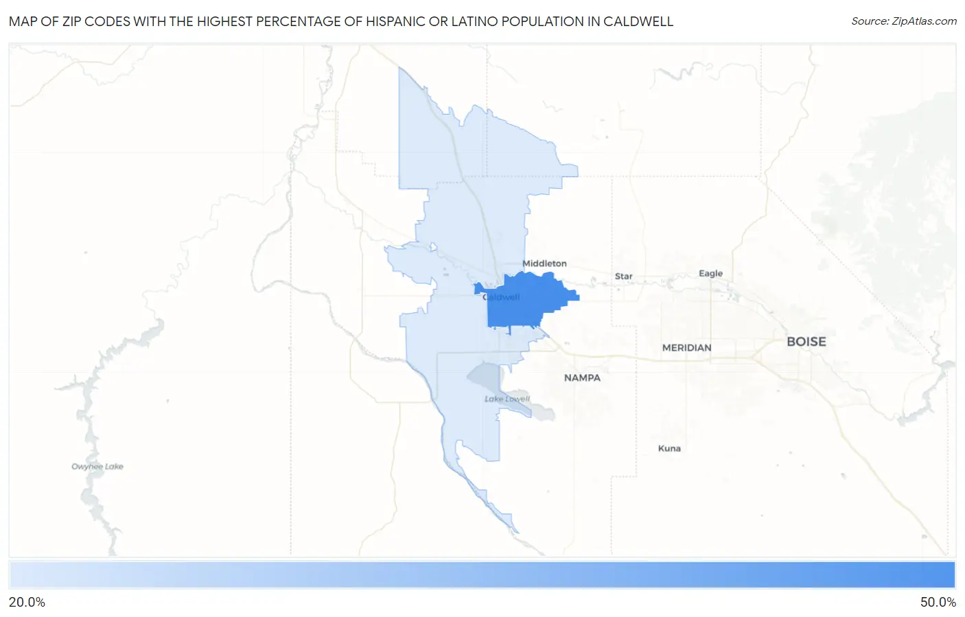 Zip Codes with the Highest Percentage of Hispanic or Latino Population in Caldwell Map