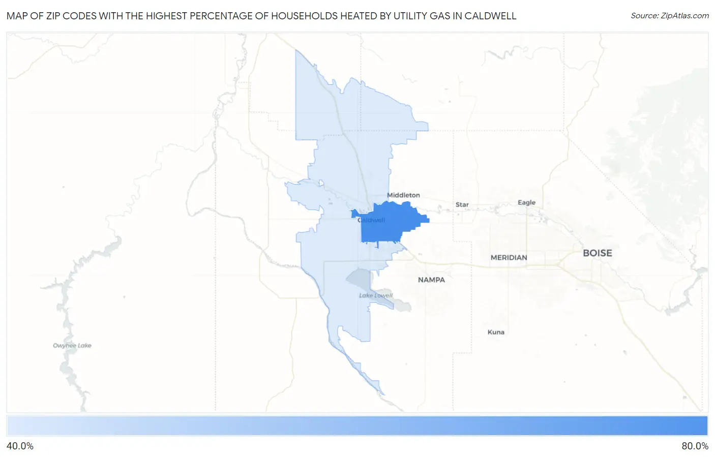 Zip Codes with the Highest Percentage of Households Heated by Utility Gas in Caldwell Map