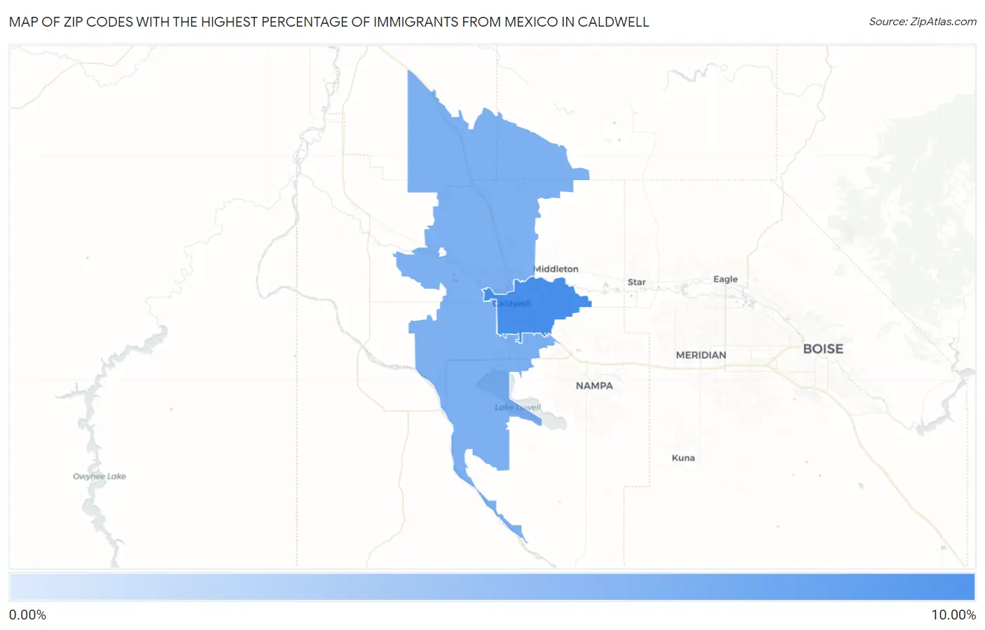 Zip Codes with the Highest Percentage of Immigrants from Mexico in Caldwell Map