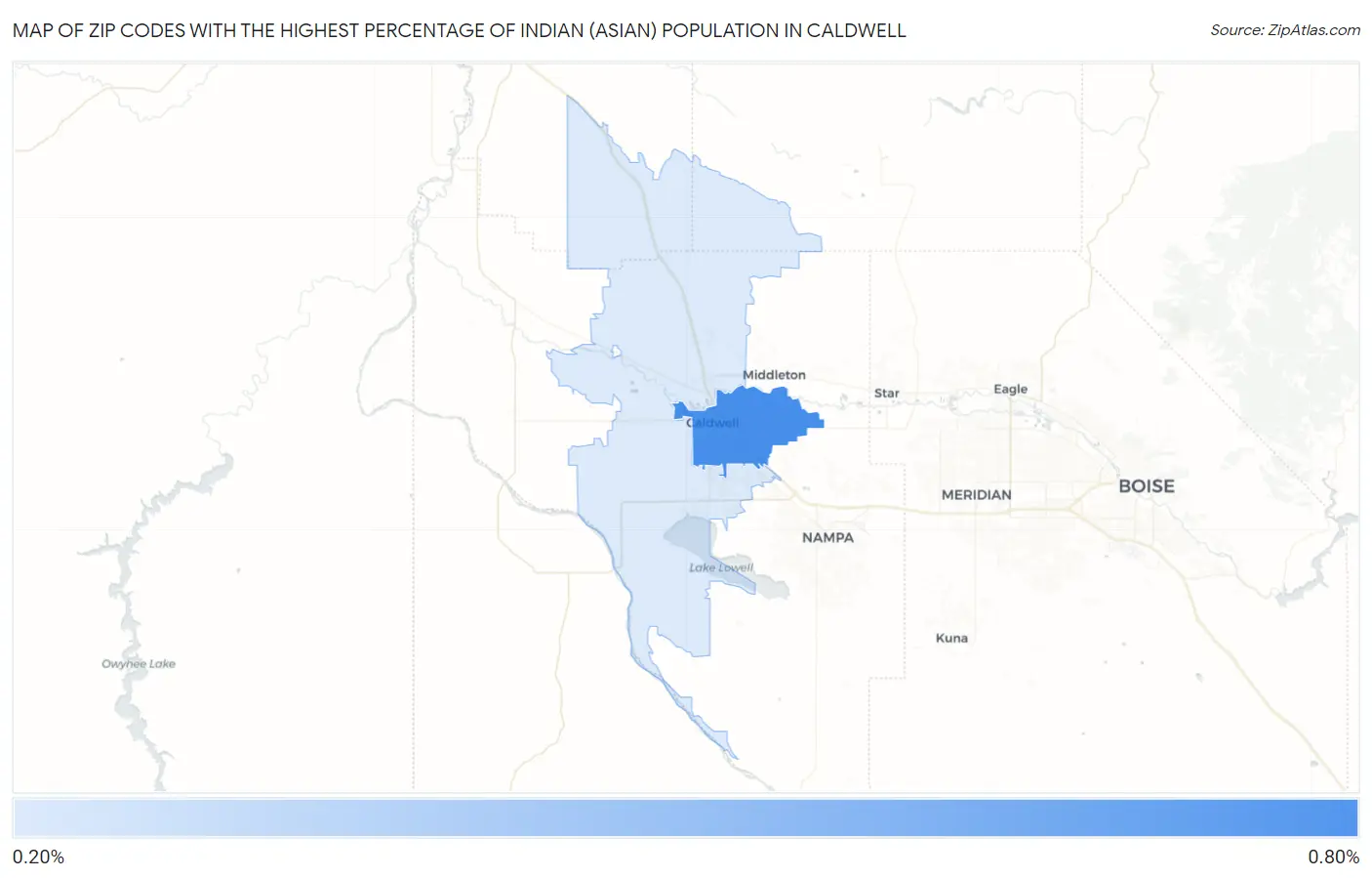Zip Codes with the Highest Percentage of Indian (Asian) Population in Caldwell Map