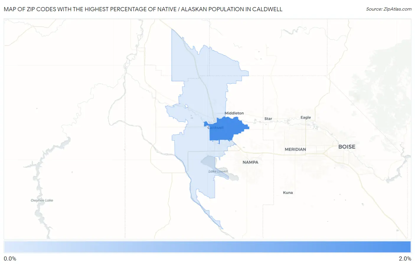 Zip Codes with the Highest Percentage of Native / Alaskan Population in Caldwell Map