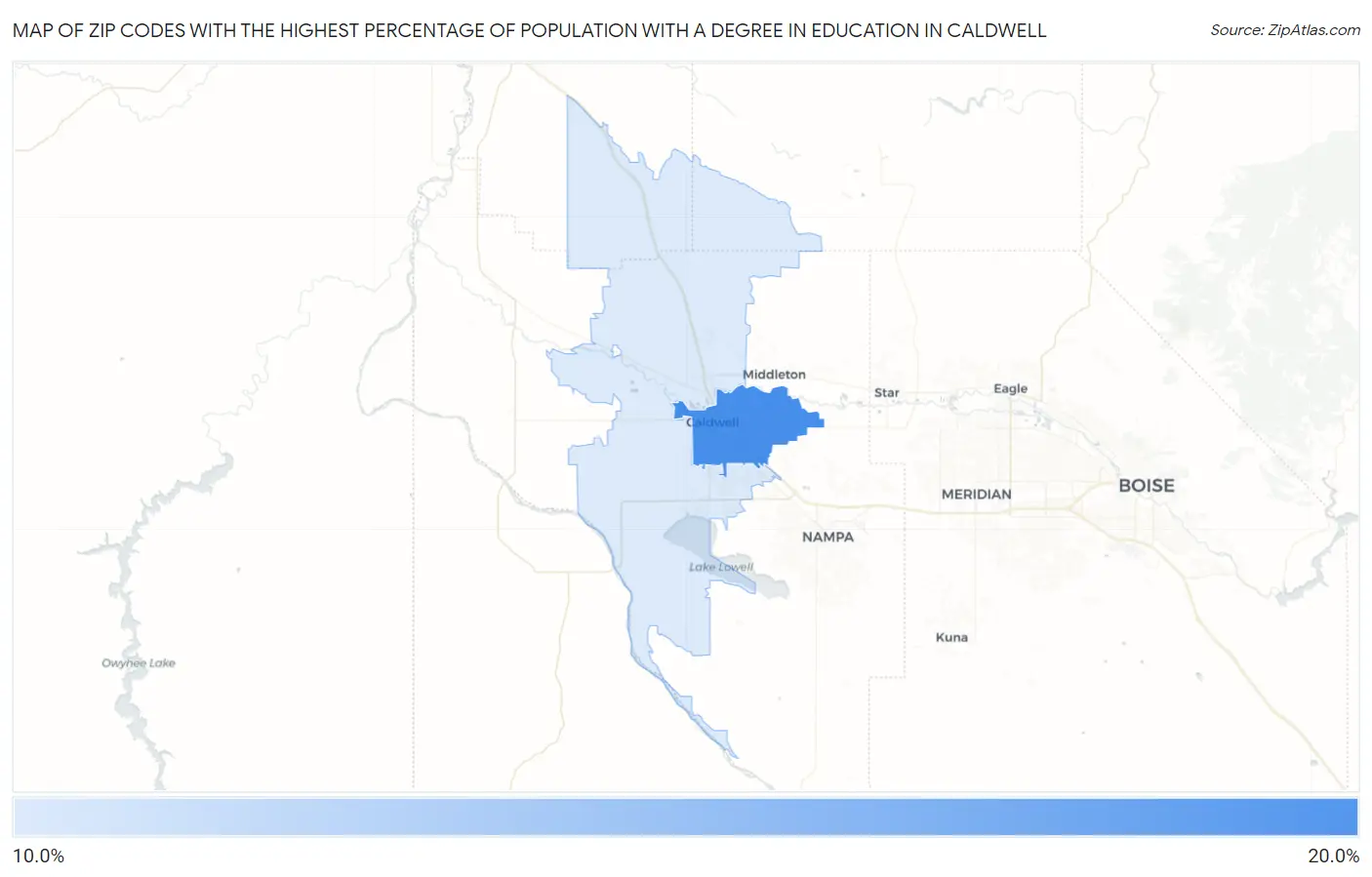 Zip Codes with the Highest Percentage of Population with a Degree in Education in Caldwell Map
