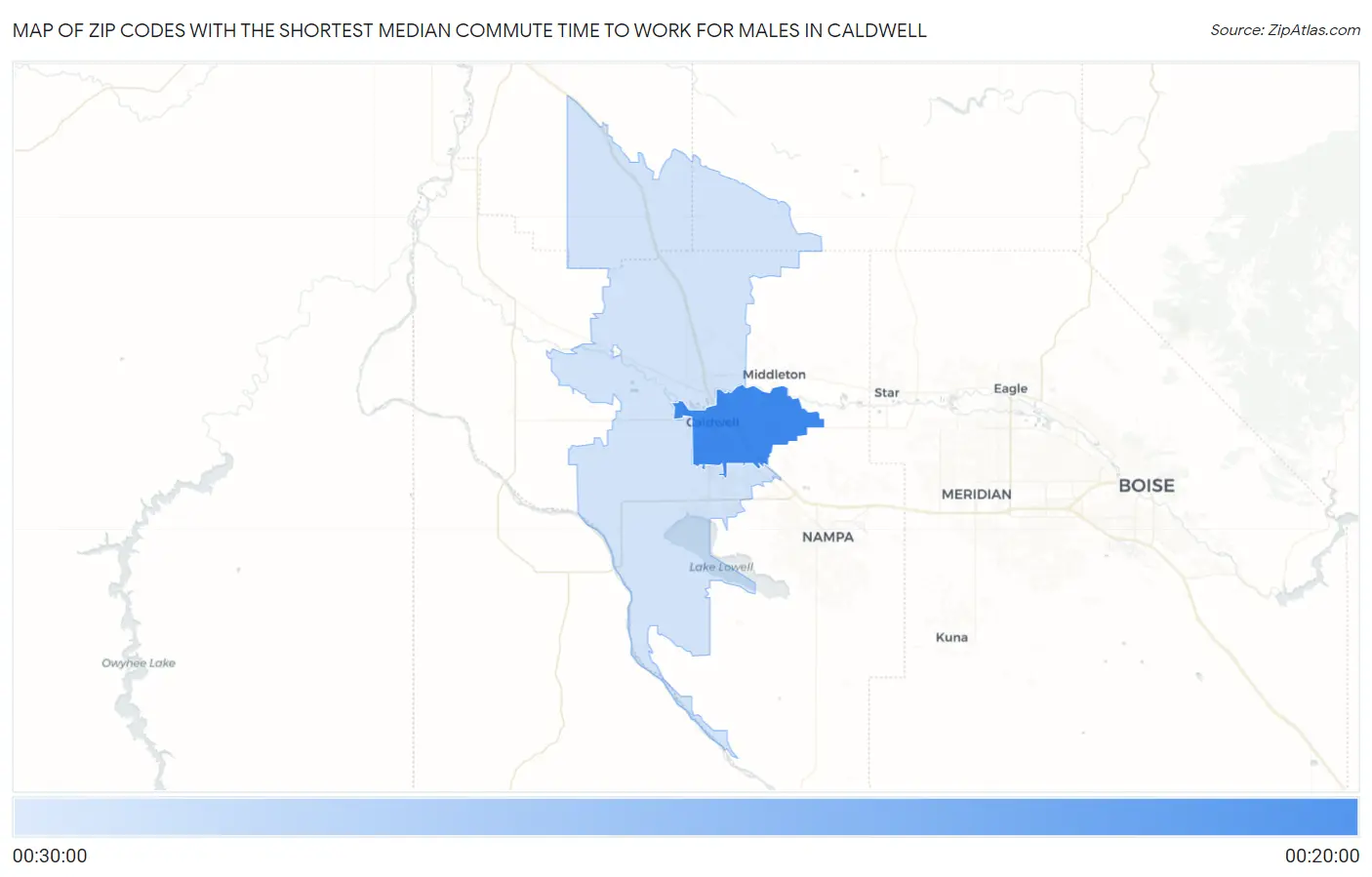 Zip Codes with the Shortest Median Commute Time to Work for Males in Caldwell Map