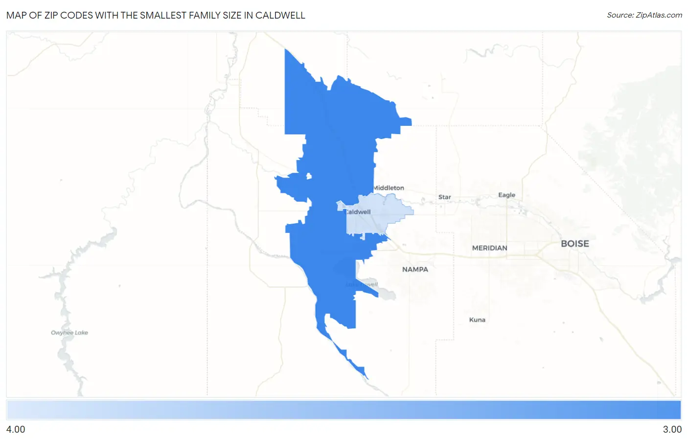 Zip Codes with the Smallest Family Size in Caldwell Map