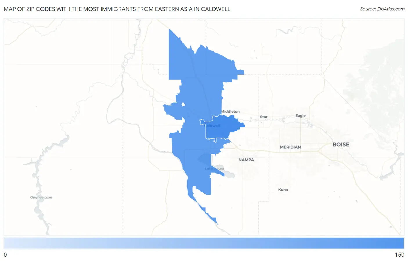 Zip Codes with the Most Immigrants from Eastern Asia in Caldwell Map