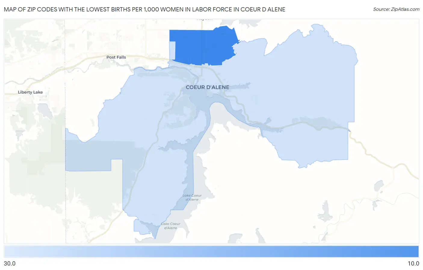 Zip Codes with the Lowest Births per 1,000 Women in Labor Force in Coeur D Alene Map