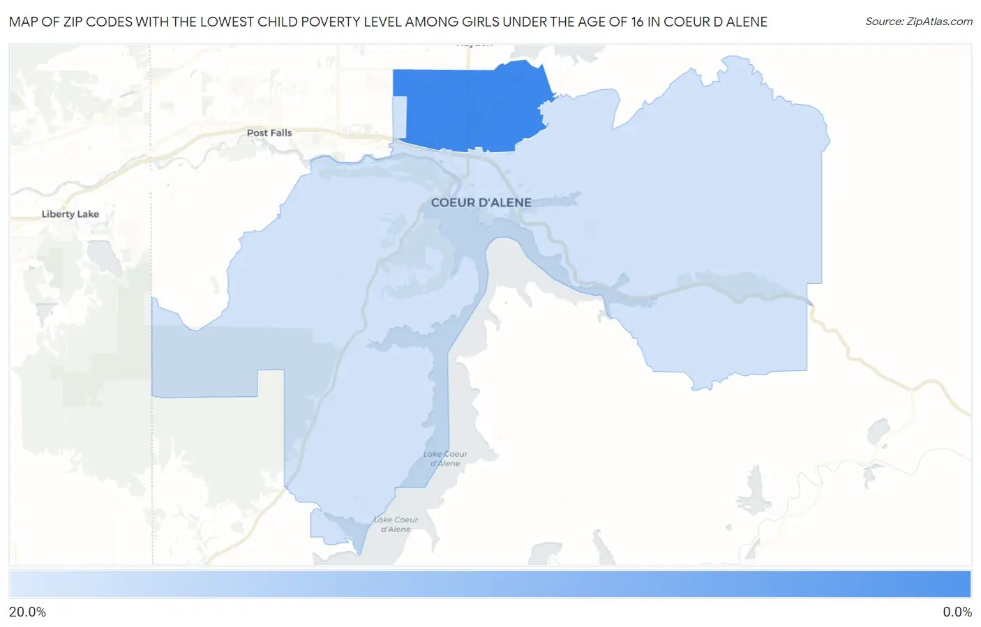 Zip Codes with the Lowest Child Poverty Level Among Girls Under the Age of 16 in Coeur D Alene Map