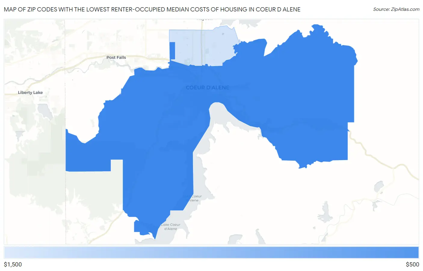 Zip Codes with the Lowest Renter-Occupied Median Costs of Housing in Coeur D Alene Map