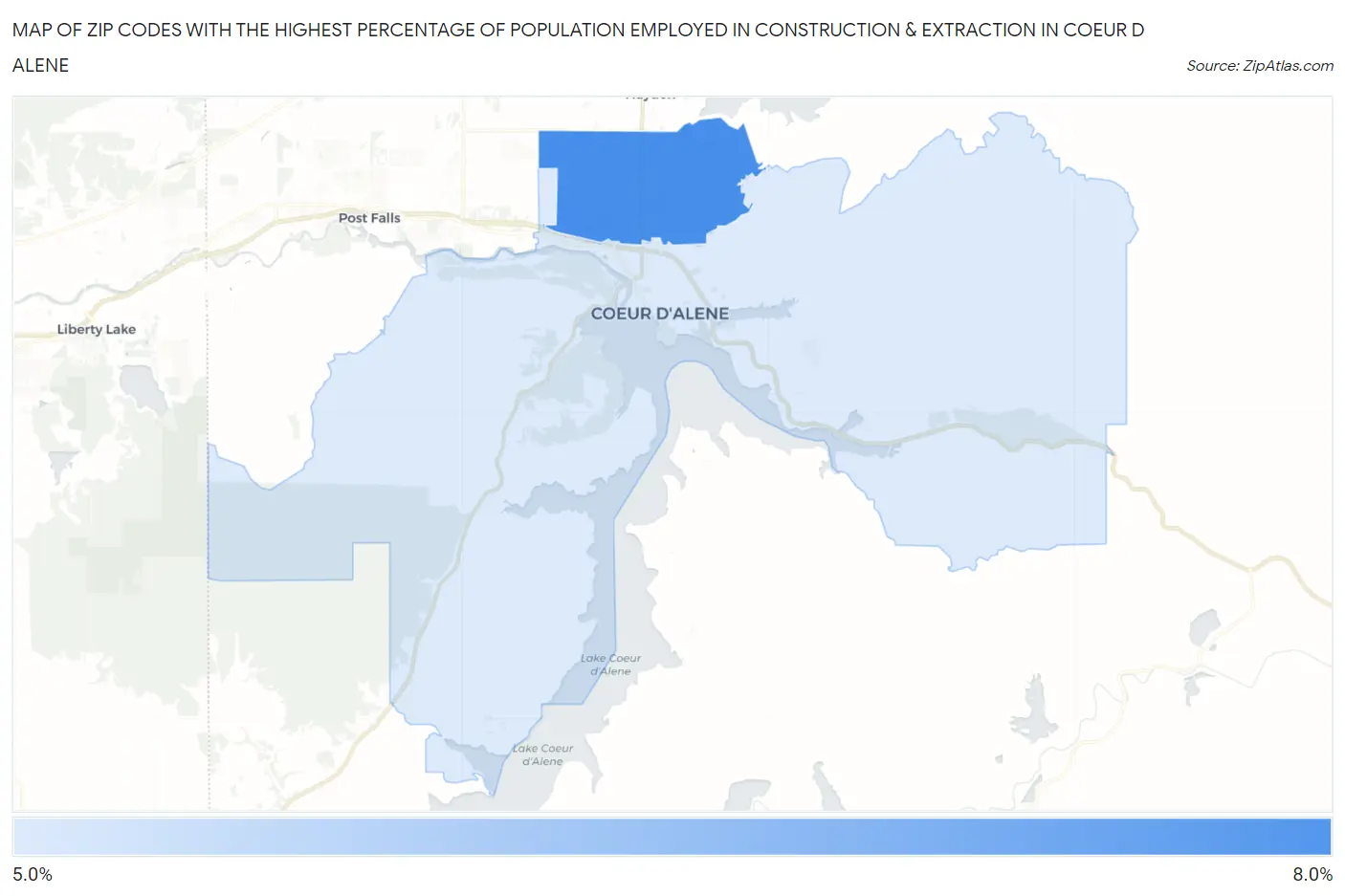 Zip Codes with the Highest Percentage of Population Employed in Construction & Extraction in Coeur D Alene Map