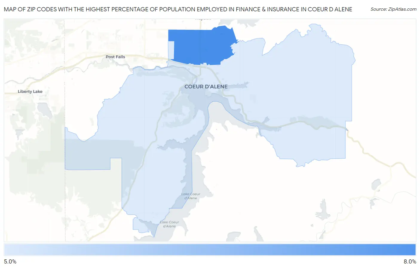 Zip Codes with the Highest Percentage of Population Employed in Finance & Insurance in Coeur D Alene Map
