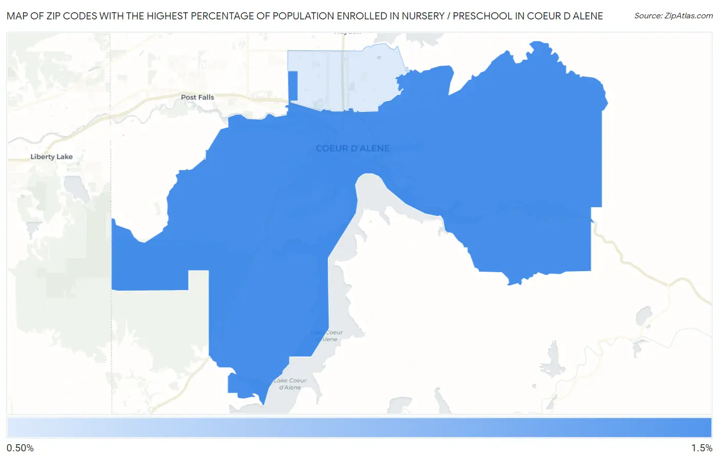 Zip Codes with the Highest Percentage of Population Enrolled in Nursery / Preschool in Coeur D Alene Map