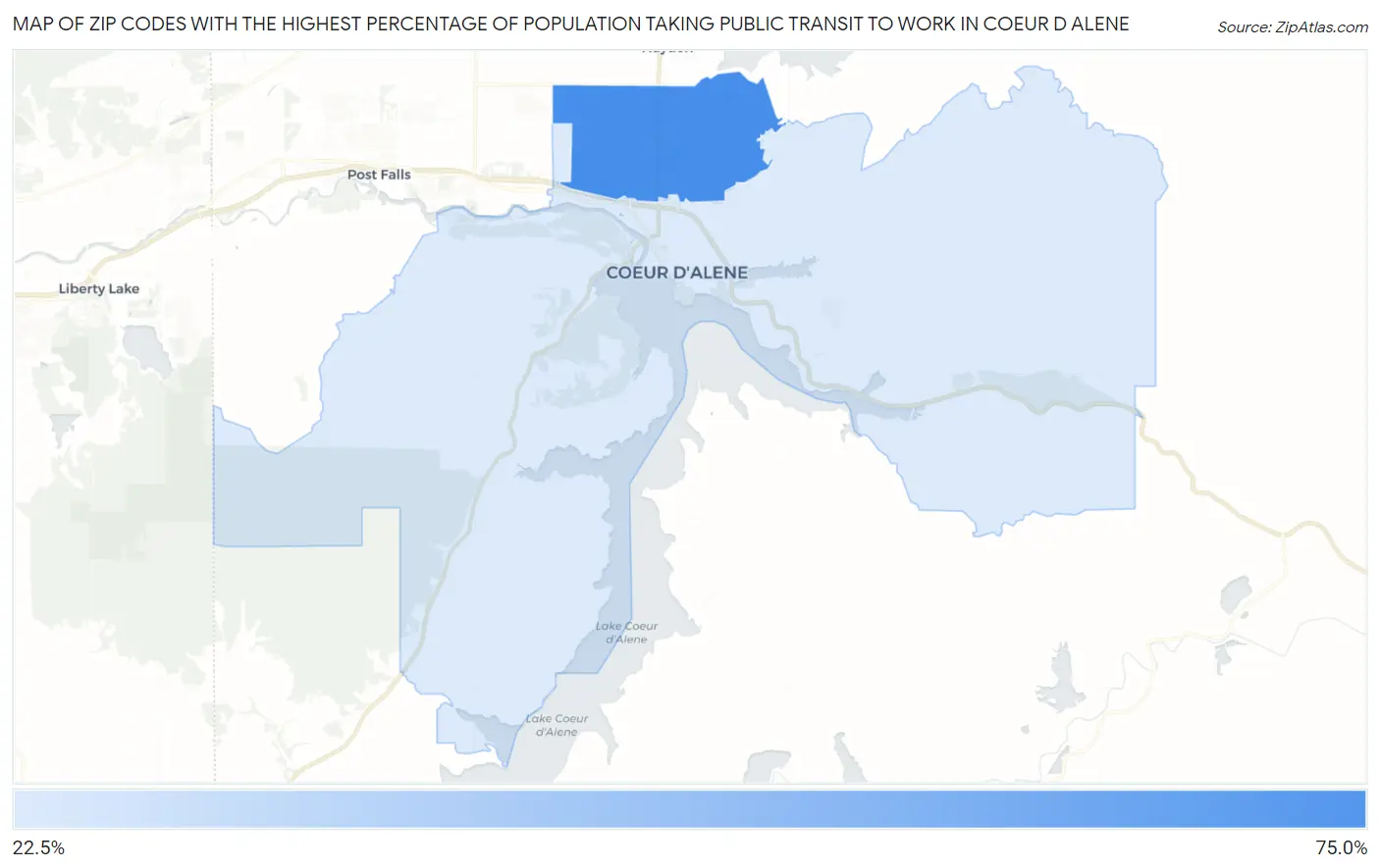 Zip Codes with the Highest Percentage of Population Taking Public Transit to Work in Coeur D Alene Map