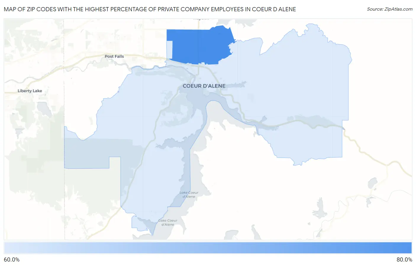 Zip Codes with the Highest Percentage of Private Company Employees in Coeur D Alene Map