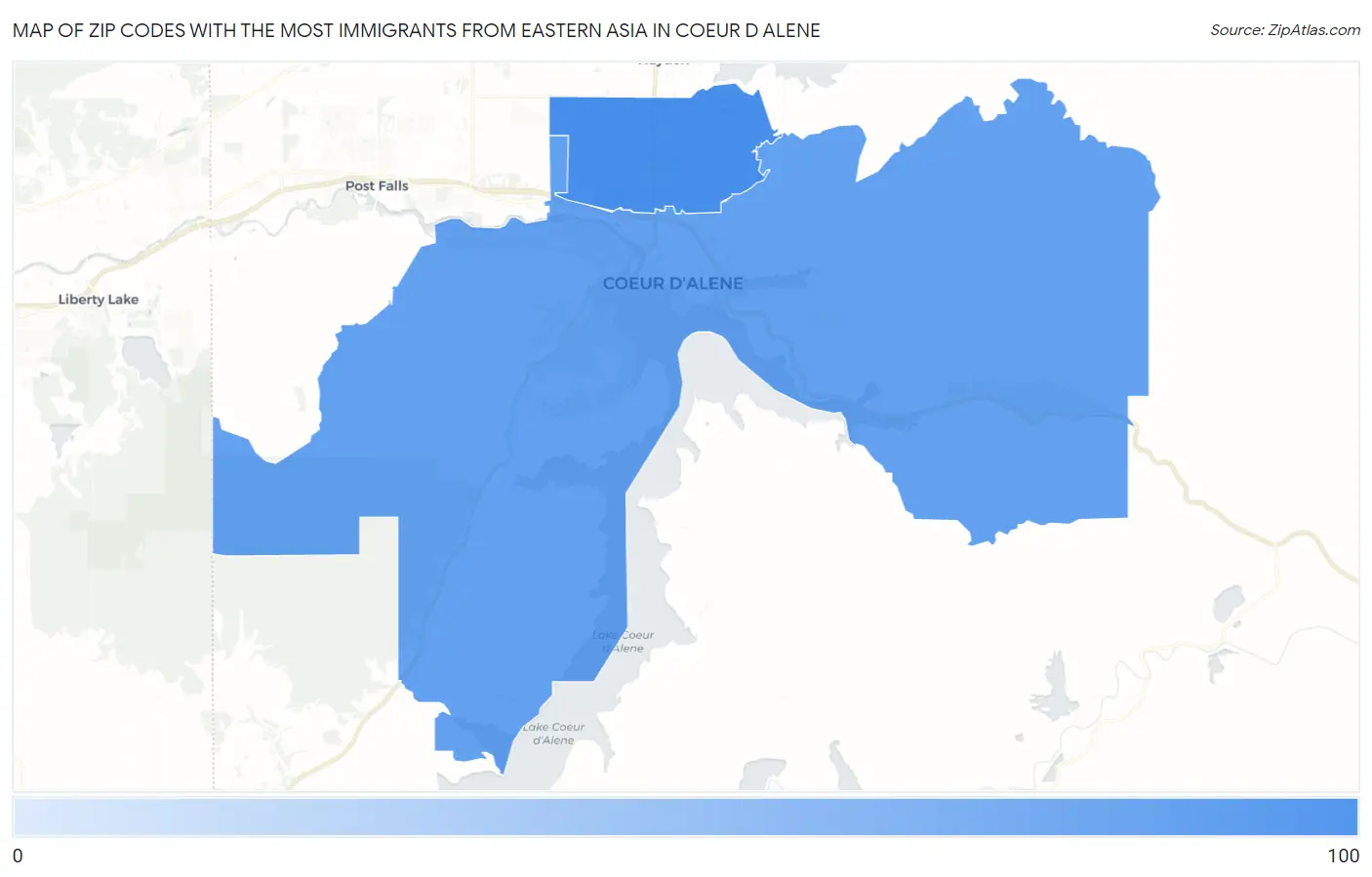 Zip Codes with the Most Immigrants from Eastern Asia in Coeur D Alene Map