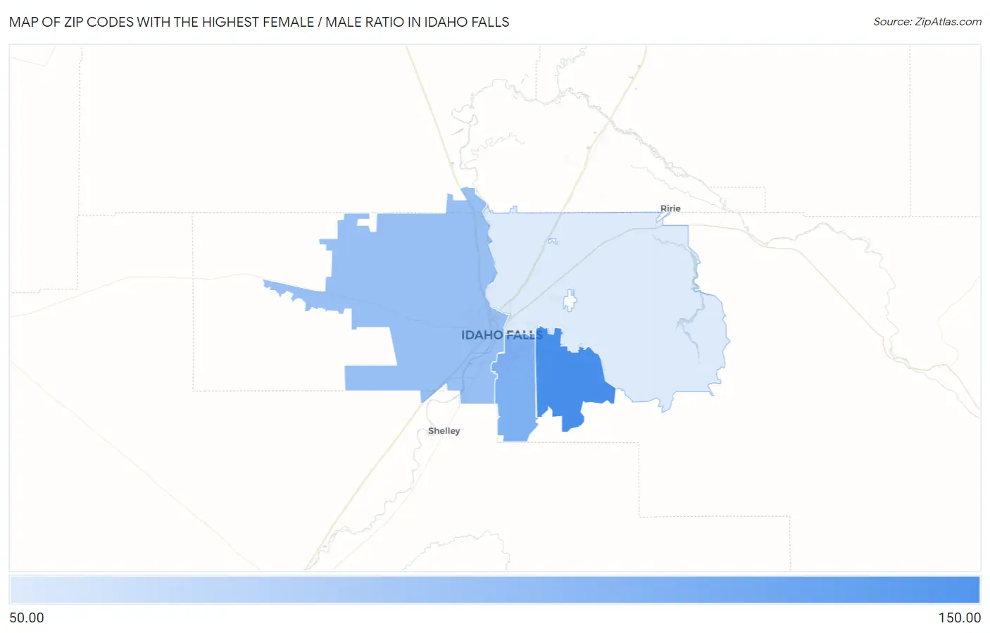 Zip Codes with the Highest Female / Male Ratio in Idaho Falls Map