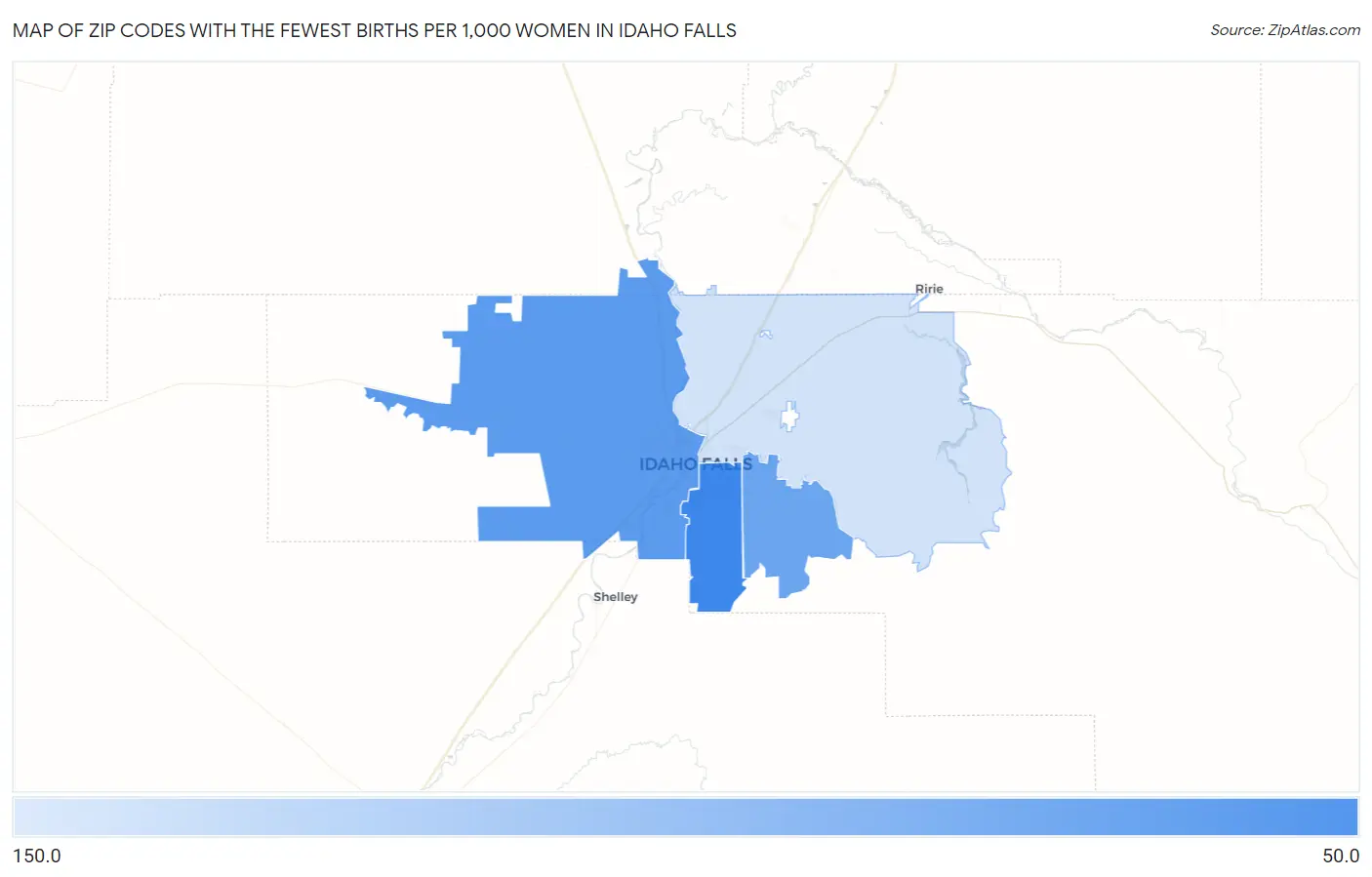 Zip Codes with the Fewest Births per 1,000 Women in Idaho Falls Map