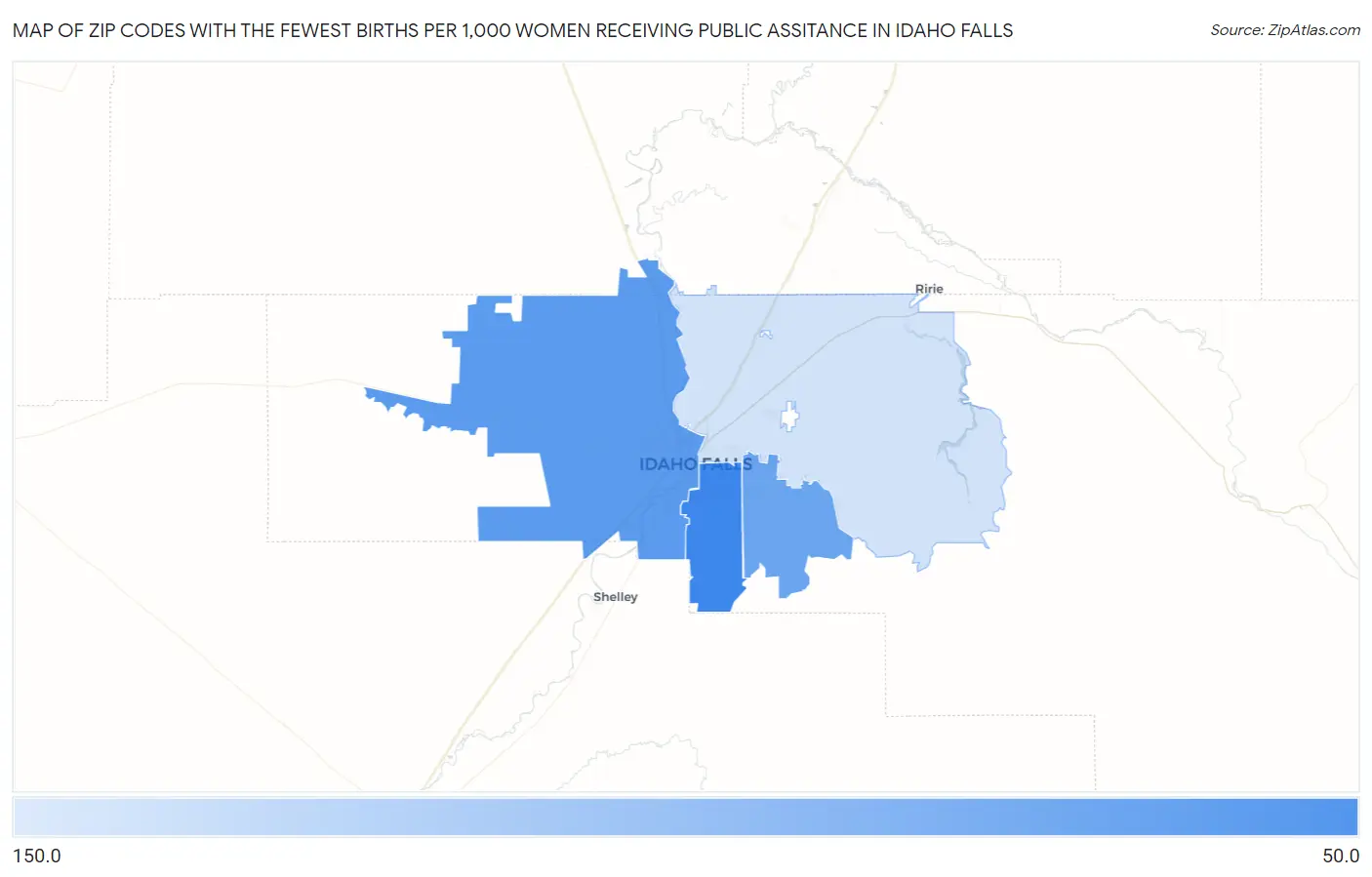 Zip Codes with the Fewest Births per 1,000 Women Receiving Public Assitance in Idaho Falls Map