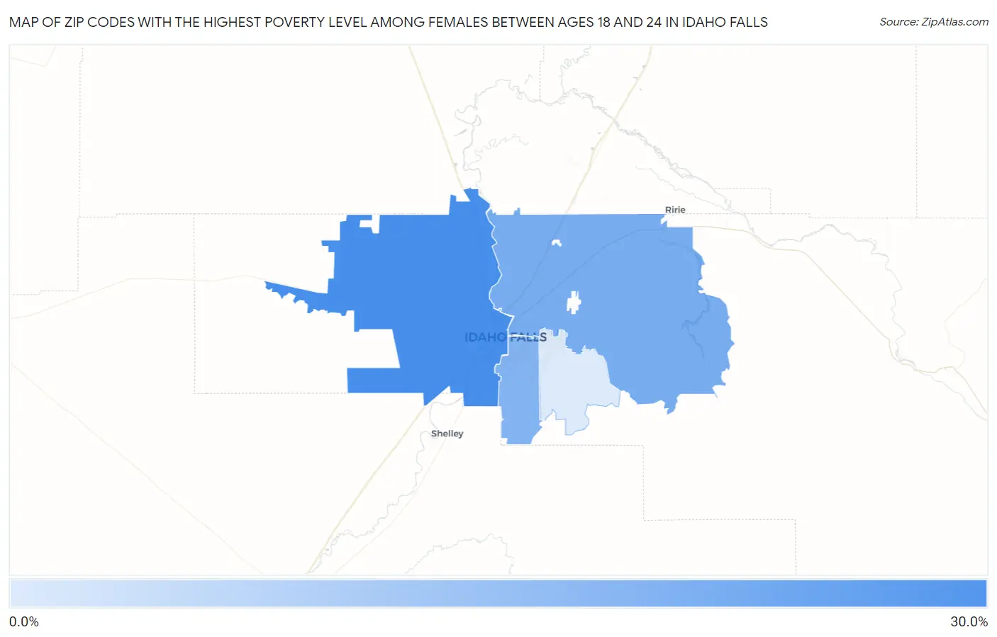 Zip Codes with the Highest Poverty Level Among Females Between Ages 18 and 24 in Idaho Falls Map