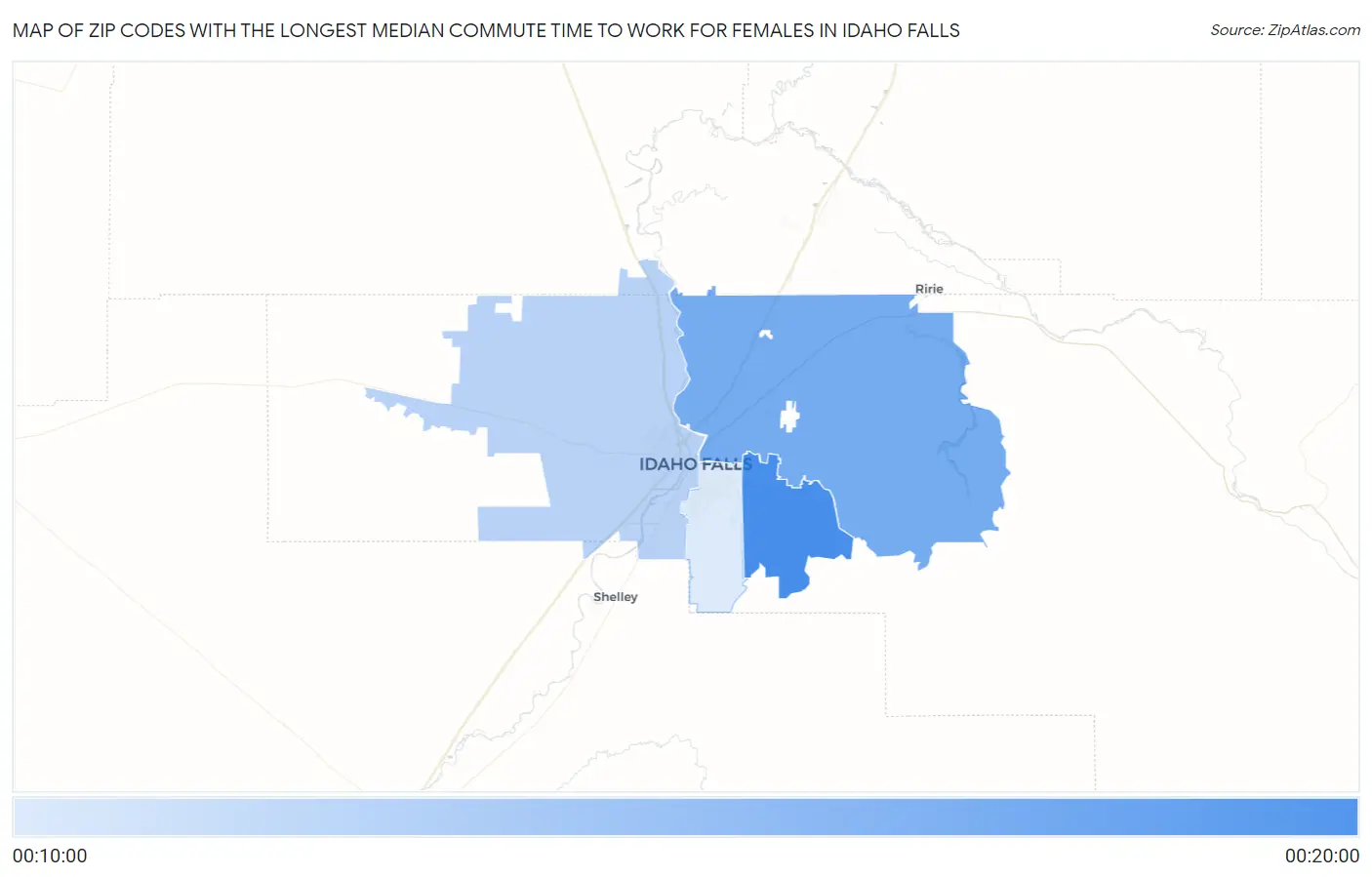 Zip Codes with the Longest Median Commute Time to Work for Females in Idaho Falls Map