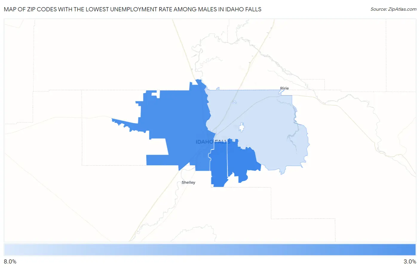 Zip Codes with the Lowest Unemployment Rate Among Males in Idaho Falls Map