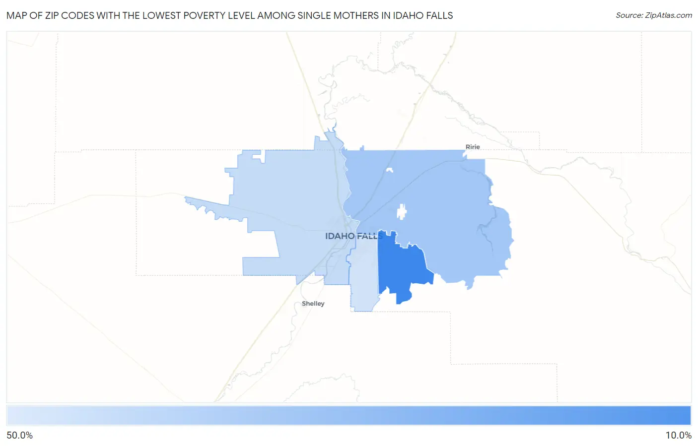 Zip Codes with the Lowest Poverty Level Among Single Mothers in Idaho Falls Map