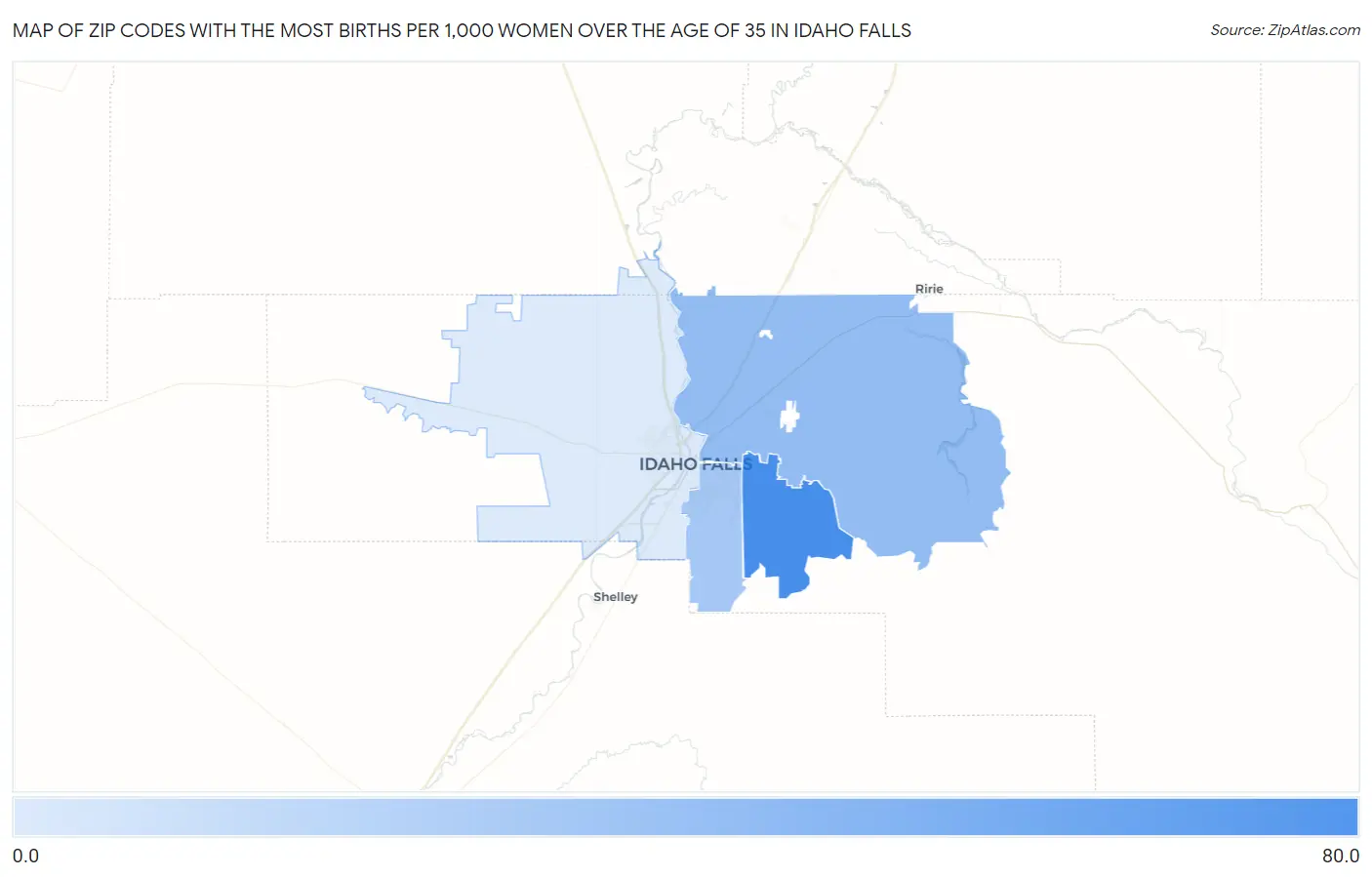 Zip Codes with the Most Births per 1,000 Women Over the Age of 35 in Idaho Falls Map