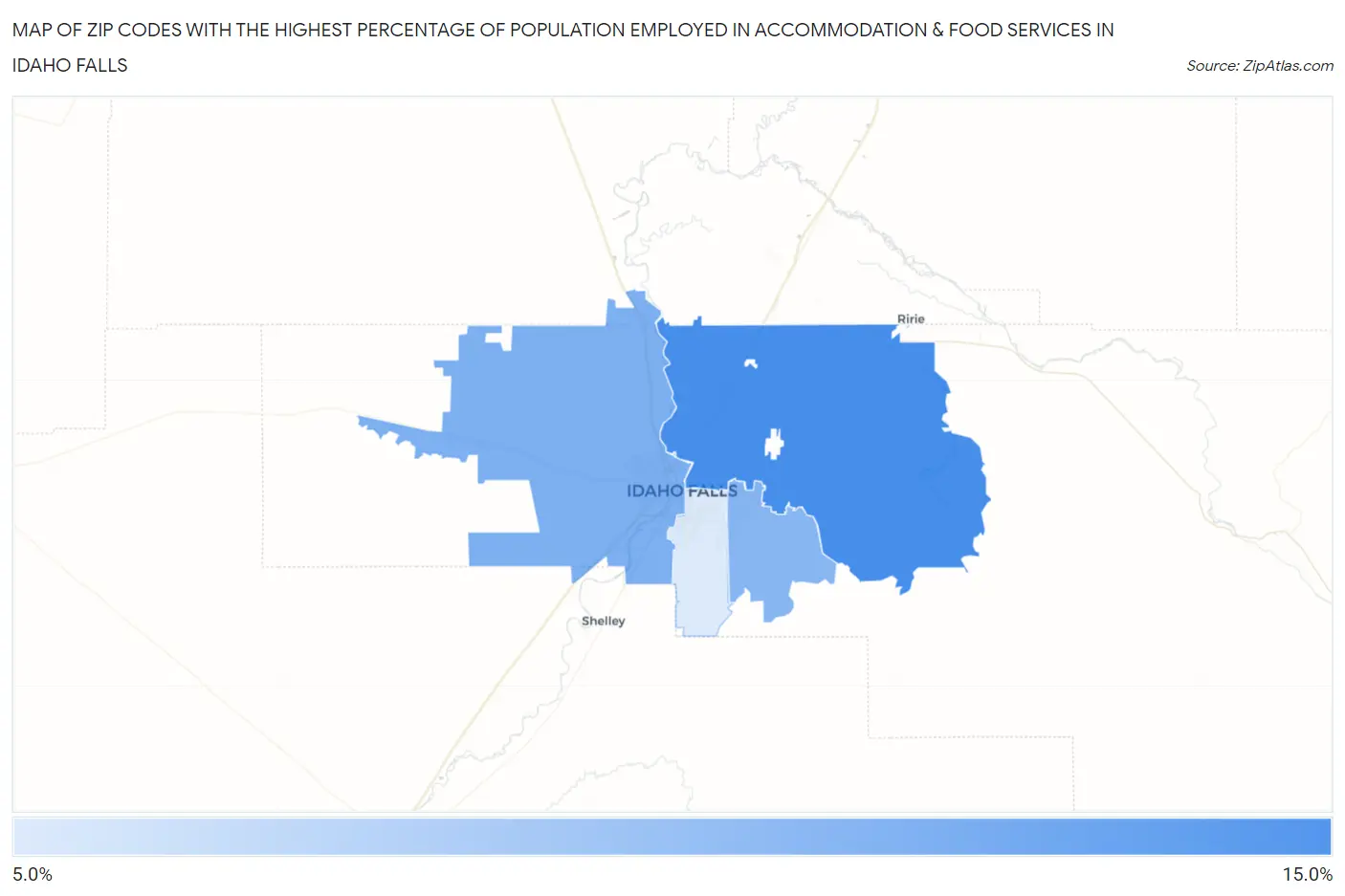 Zip Codes with the Highest Percentage of Population Employed in Accommodation & Food Services in Idaho Falls Map